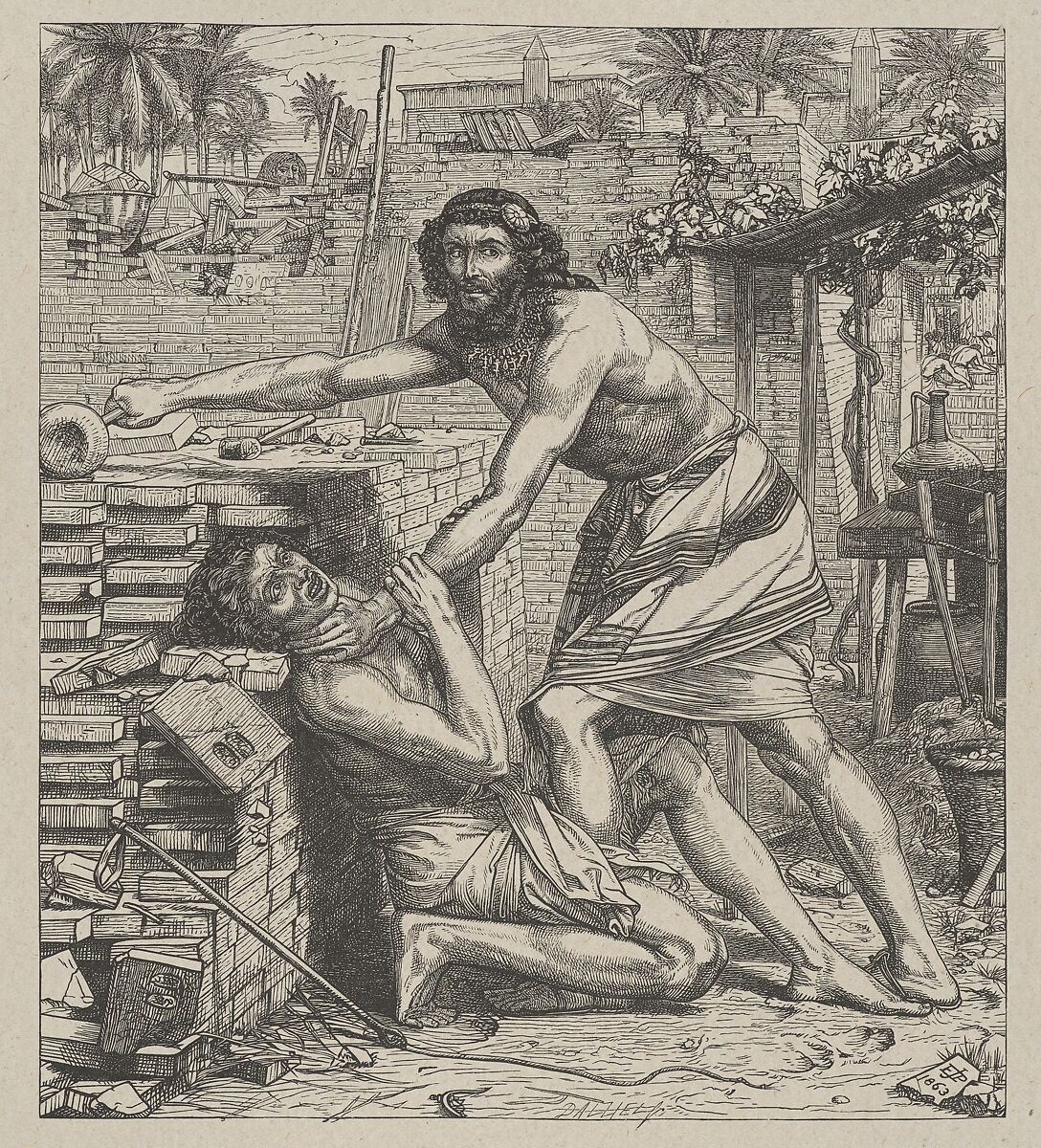 Moses Slaying the Egyptian, from "Dalziels' Bible Gallery", After Sir Edward John Poynter (British (born France), Paris 1836–1919 London), Wood engraving on India paper, mounted on thin card 