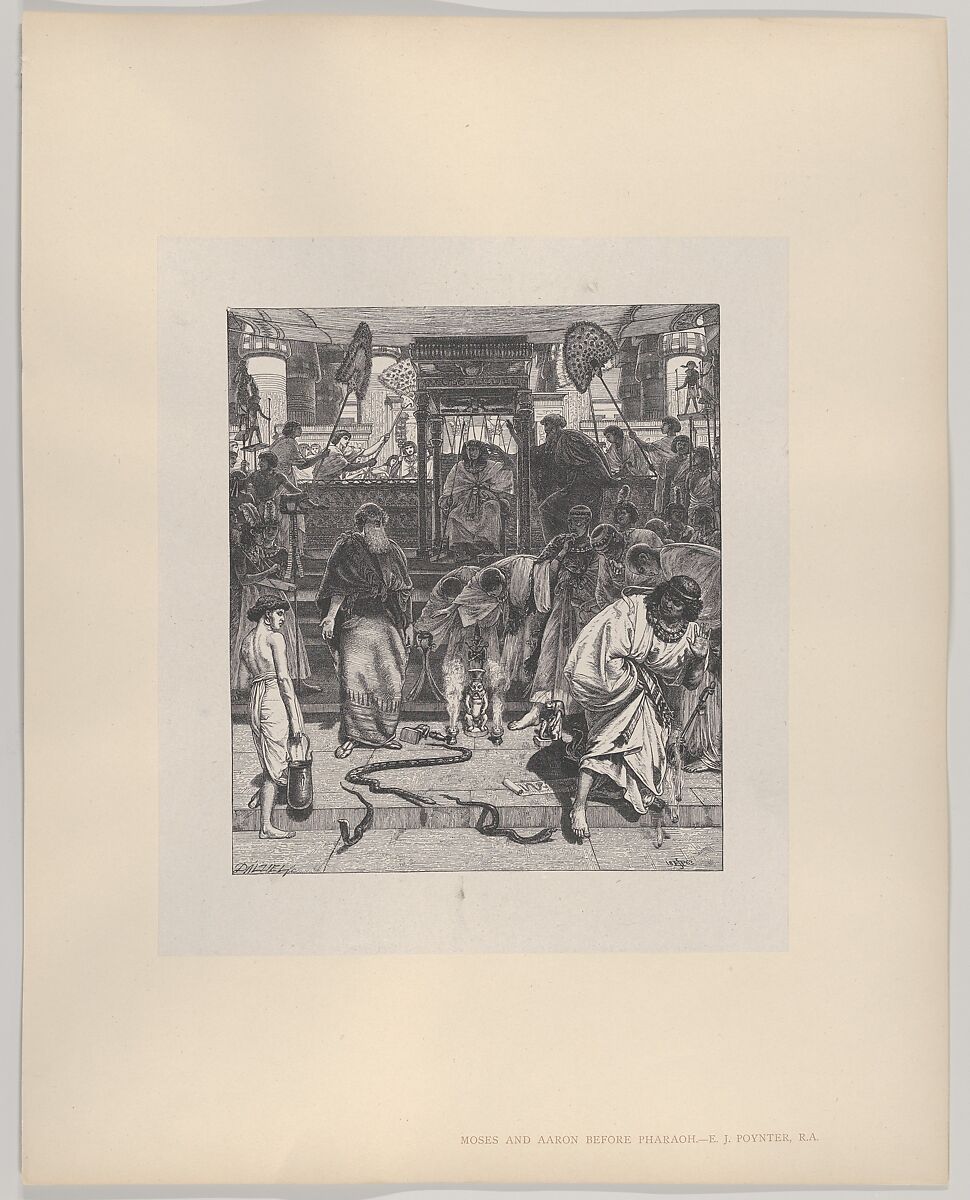 Moses and Aaron Before Pharoah, from "Dalziels' Bible Gallery", After Sir Edward John Poynter (British (born France), Paris 1836–1919 London), Wood engraving on India paper, mounted on thin card