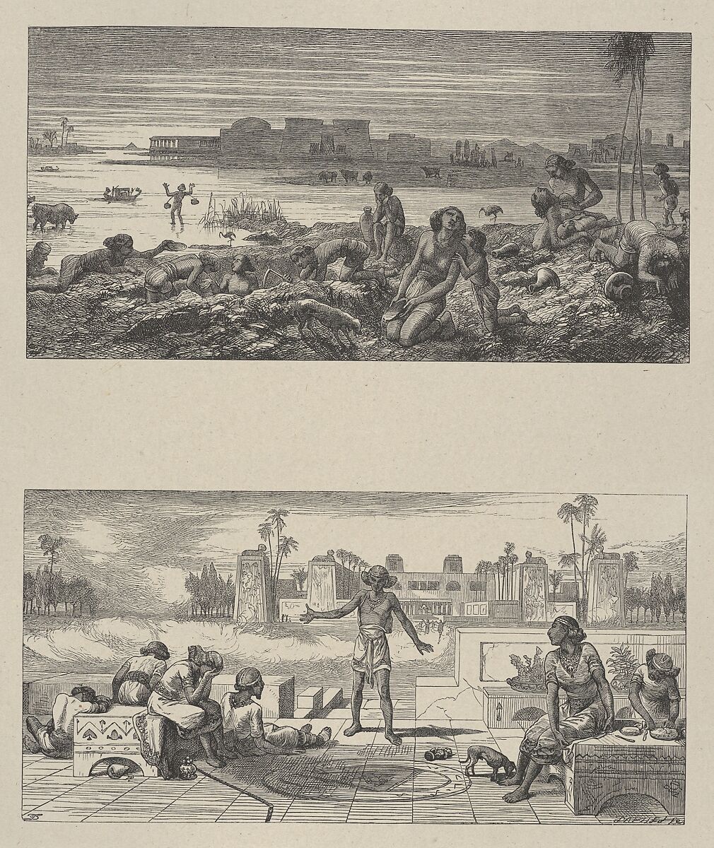 The Water Turned Into Blood–The Boils and Blanes, from "Dalziels' Bible Gallery", After Thomas Dalziel (British, Wooler, Northumberland 1823–1906 Herne Bay, Kent), Wood engraving on India paper, mounted on thin card 
