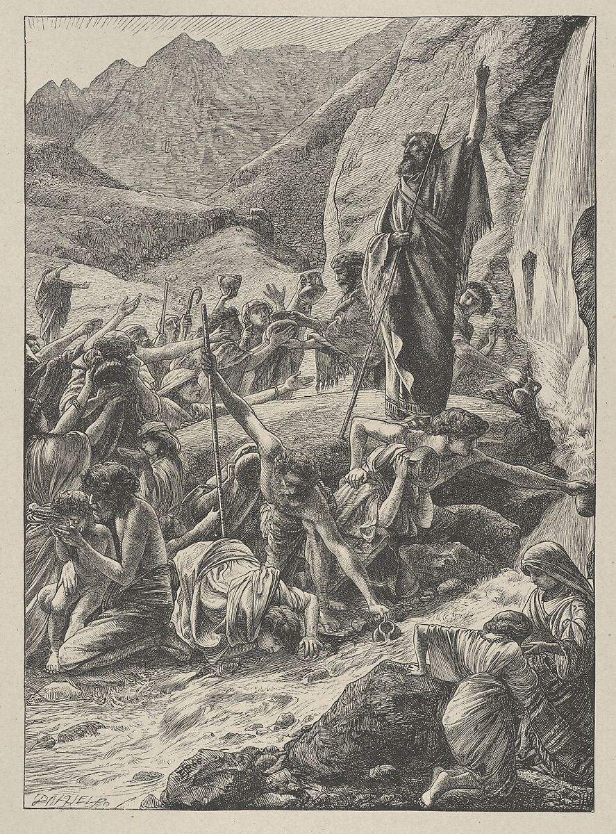 Moses Strikes the Rock, from "Dalziels' Bible Gallery", After Sir Edward John Poynter (British (born France), Paris 1836–1919 London), Wood engraving on India paper, mounted on thin card 