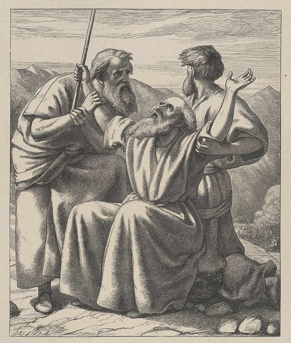 Moses' Hands Held Up, from "Dalziels' Bible Gallery", After Frederick Richard Pickersgill (British, London 1820–1900 Yarmouth, Isle of Wight), Wood engraving on India paper, mounted on thin card 