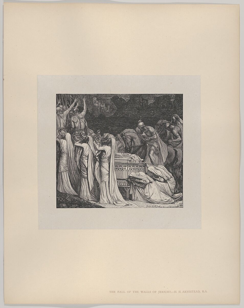 The Fall of the Walls of Jericho, from "Dalziels' Bible Gallery", After Henry Hugh Armstead (British, London 1828–1905 London), Wood engraving on India paper, mounted on thin card