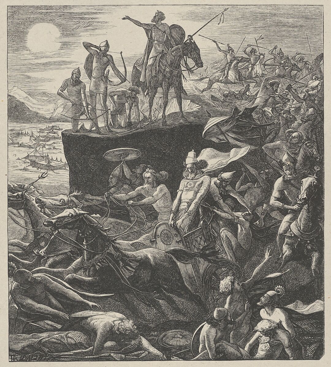 The Sun and the Moon Stand Still, from "Dalziels' Bible Gallery", After Henry Hugh Armstead (British, London 1828–1905 London), Wood engraving on India paper, mounted on thin card 