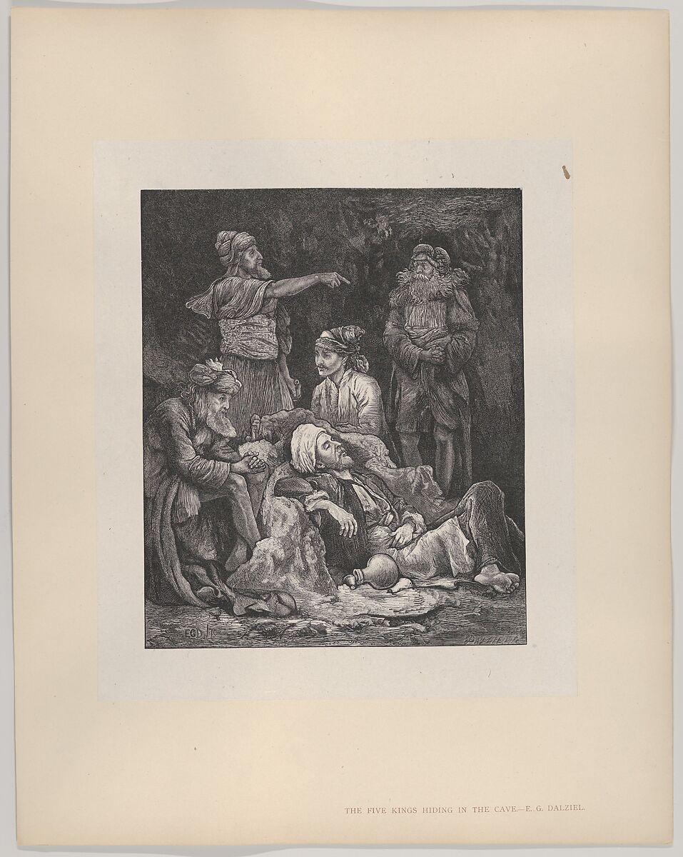 The Five Kings Hiding in the Cave, from "Dalziels' Bible Gallery", After Edward Gurden Dalziel (British, London 1849–1888), Wood engraving on India paper, mounted on thin card