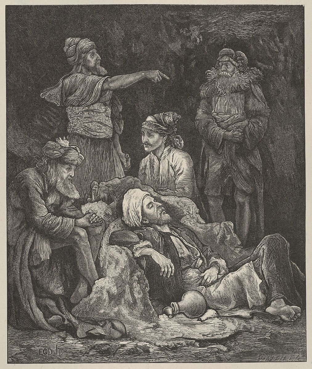 The Five Kings Hiding in the Cave, from "Dalziels' Bible Gallery", After Edward Gurden Dalziel (British, London 1849–1888), Wood engraving on India paper, mounted on thin card 