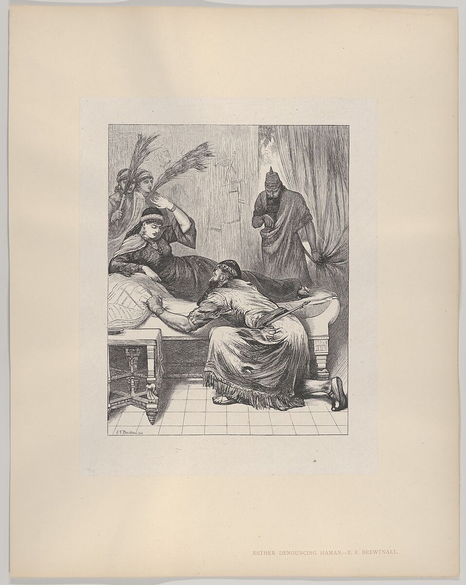 Esther Denouncing Haman, from "Dalziels' Bible Gallery", After Edward Frederick Brewtnall (British, London 1846–1902 Chiswick, Middlesex), Wood engraving on India paper, mounted on thin card