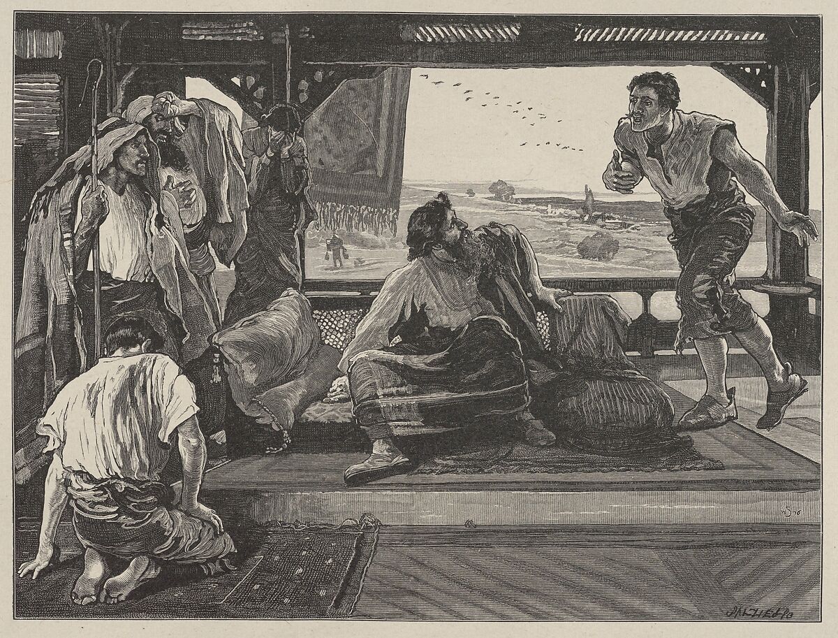 Job Receiving the Messengers, from "Dalziels' Bible Gallery", After William Small (British, Edinburgh, Scotland 1843–1931 Worcester), Wood engraving on India paper, mounted on thin card 