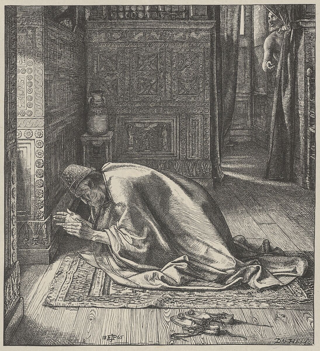 Daniel's Prayer, from "Dalziels' Bible Gallery", After Sir Edward John Poynter (British (born France), Paris 1836–1919 London), Wood engraving on India paper, mounted on thin card 