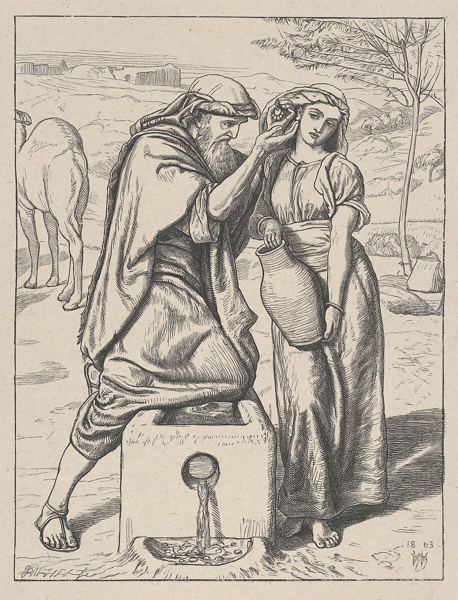 Eliezer and Rebekah at the Well, from "Dalziels' Bible Gallery", After William Holman Hunt (British, London 1827–1910 London), Wood engraving on India paper, mounted on thin card 