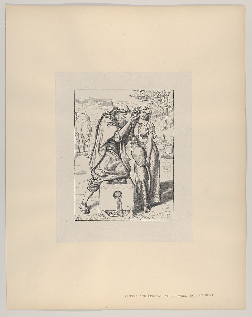 Eliezer and Rebekah at the Well, from "Dalziels' Bible Gallery", After William Holman Hunt (British, London 1827–1910 London), Wood engraving on India paper, mounted on thin card.