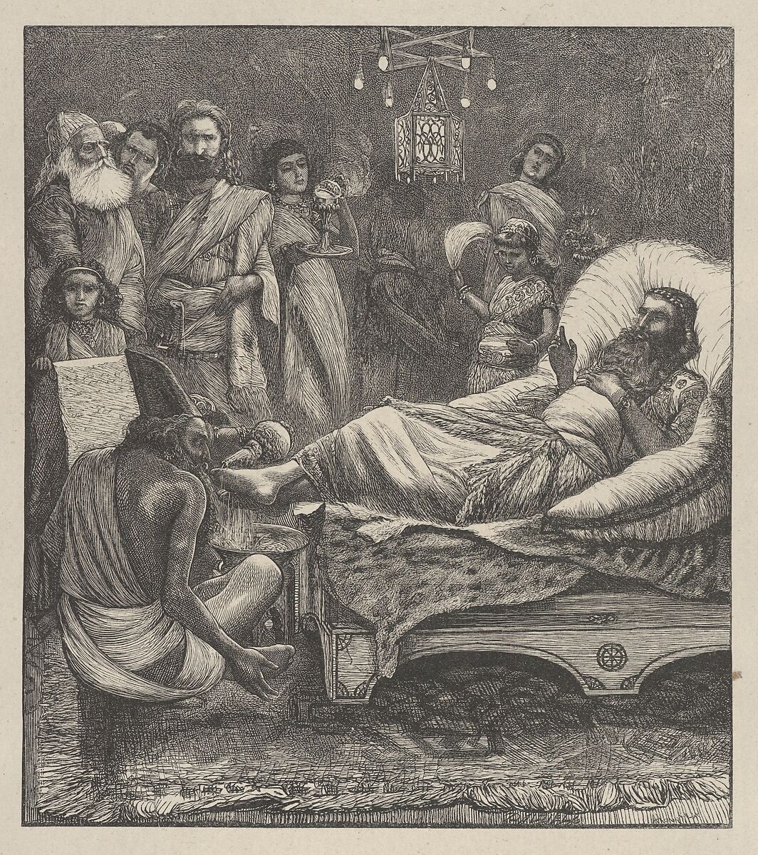 The Chronicles Being Read to the King, from "Dalziels' Bible Gallery", After Arthur Boyd Houghton (British (born India), Madras 1836–1875 London), Wood engraving on India paper, mounted on thin card 
