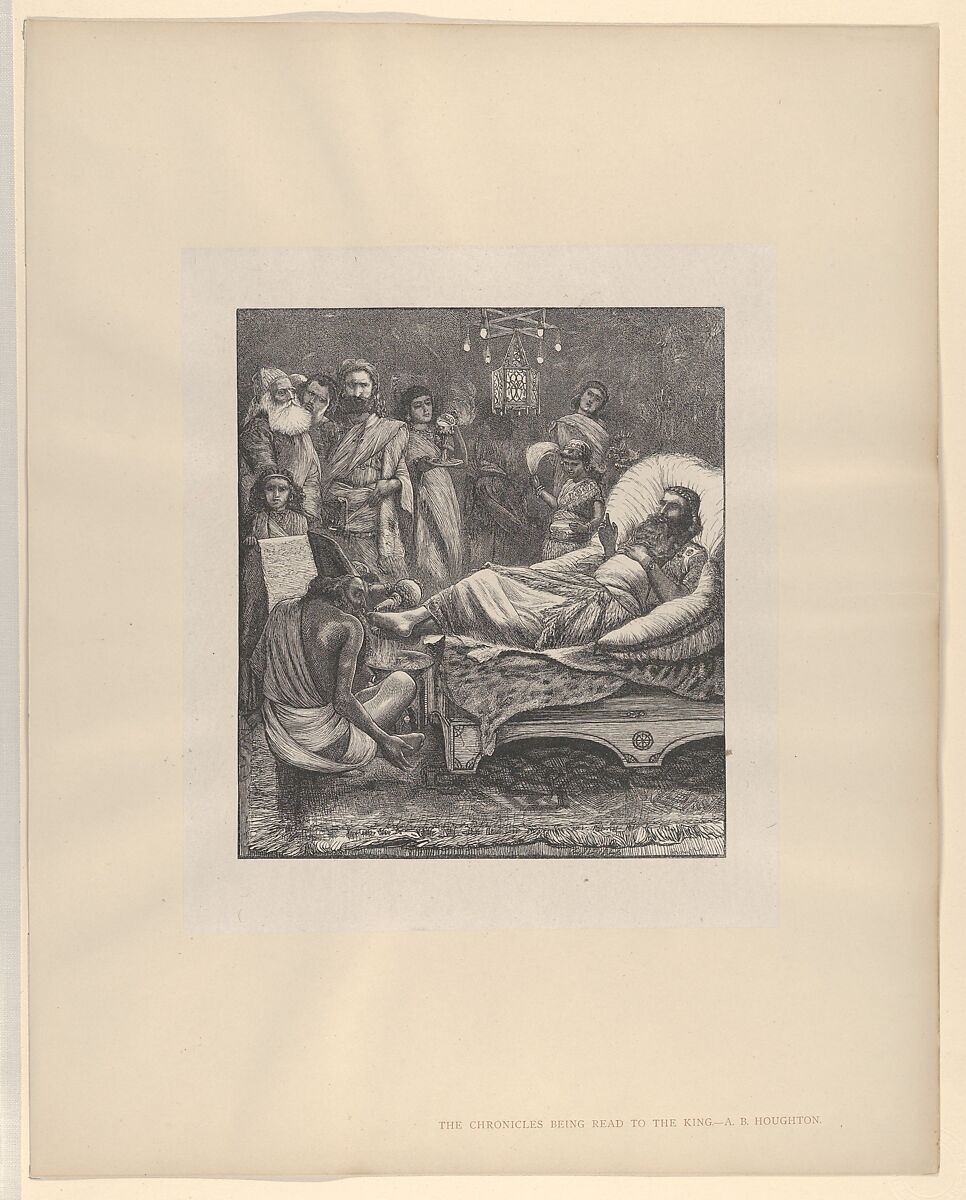 The Chronicles Being Read to the King, from "Dalziels' Bible Gallery", After Arthur Boyd Houghton (British (born India), Madras 1836–1875 London), Wood engraving on India paper, mounted on thin card