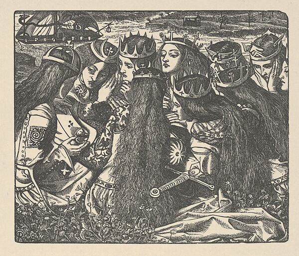 Mythic Uther's Deeply Wounded Son (King Arthur and the Weeping Queens) (Illustration for "The Palace of Art" in Tennyson's Poems, New York, 1903), After Dante Gabriel Rossetti (British, London 1828–1882 Birchington-on-Sea), Wood engraving 
