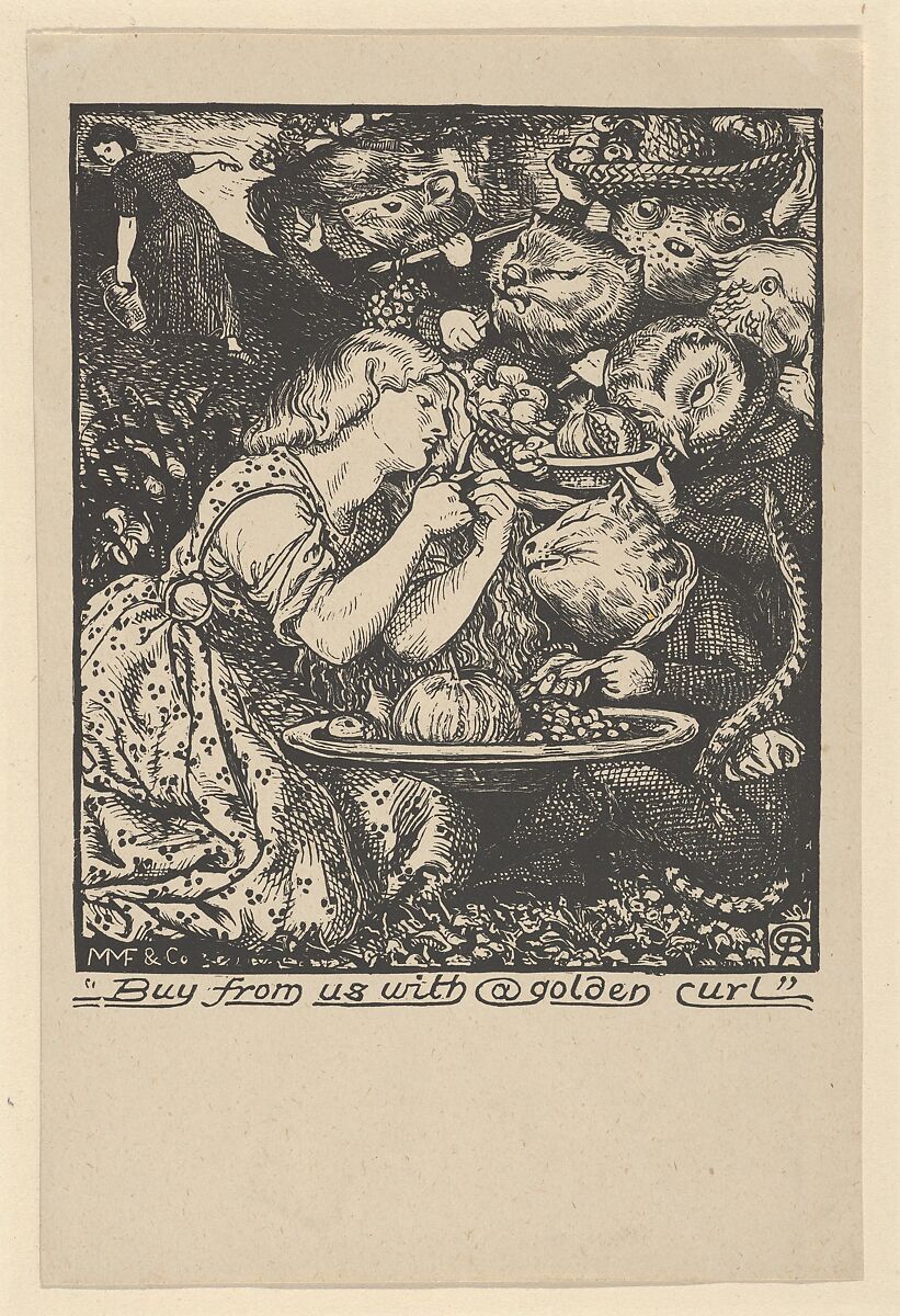 Buy from Us with a Golden Curl (frontispiece to "Goblin Market and other Poems" by Christina Rossetti), After Dante Gabriel Rossetti (British, London 1828–1882 Birchington-on-Sea), Wood engraving 