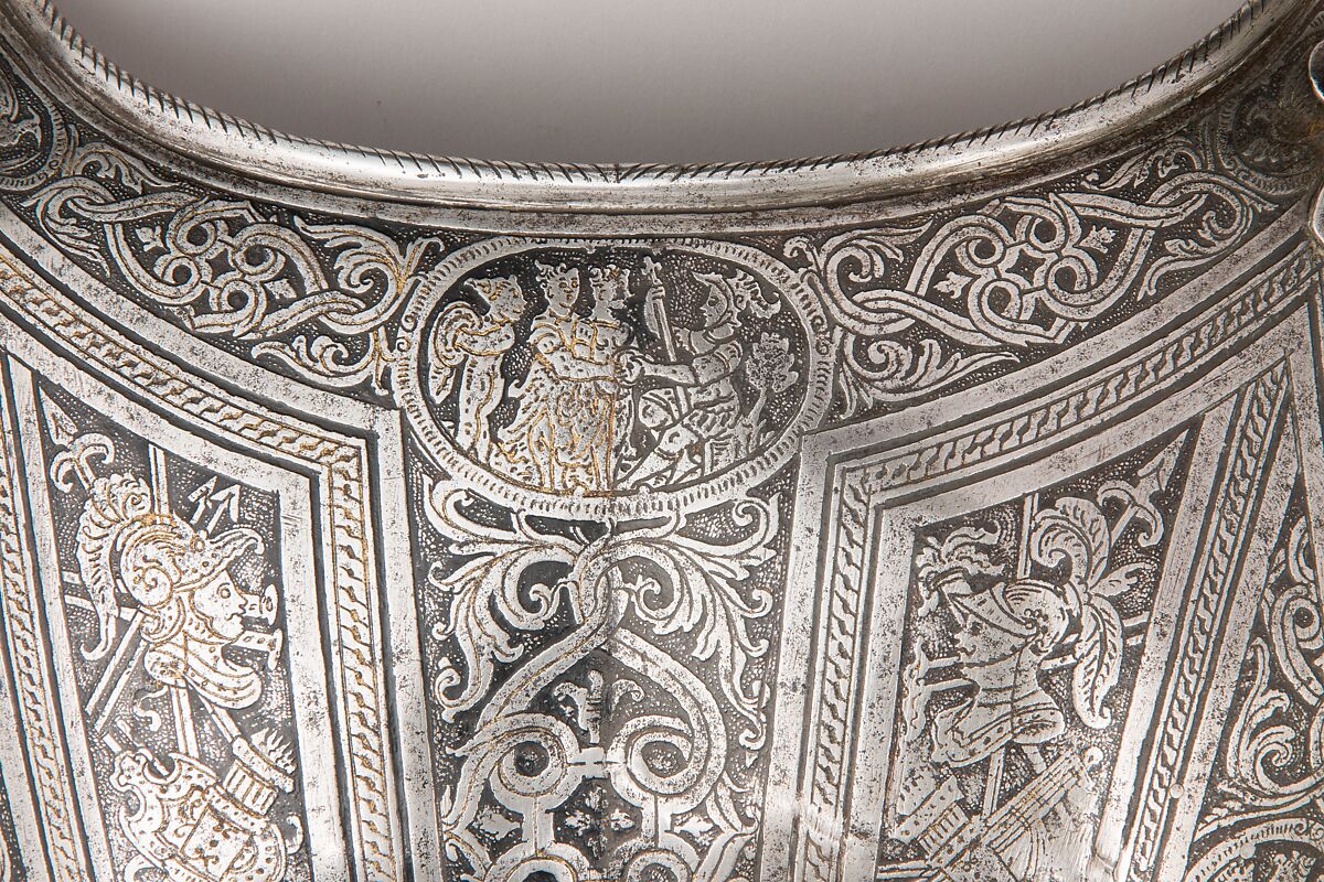 Portions of an Armor for
 Vincenzo Luigi di Capua (d. 1627), Pompeo della Cesa (Italian, Milan, ca. 1537–1610), Steel, gold, leather, copper alloy, Italian, Milan