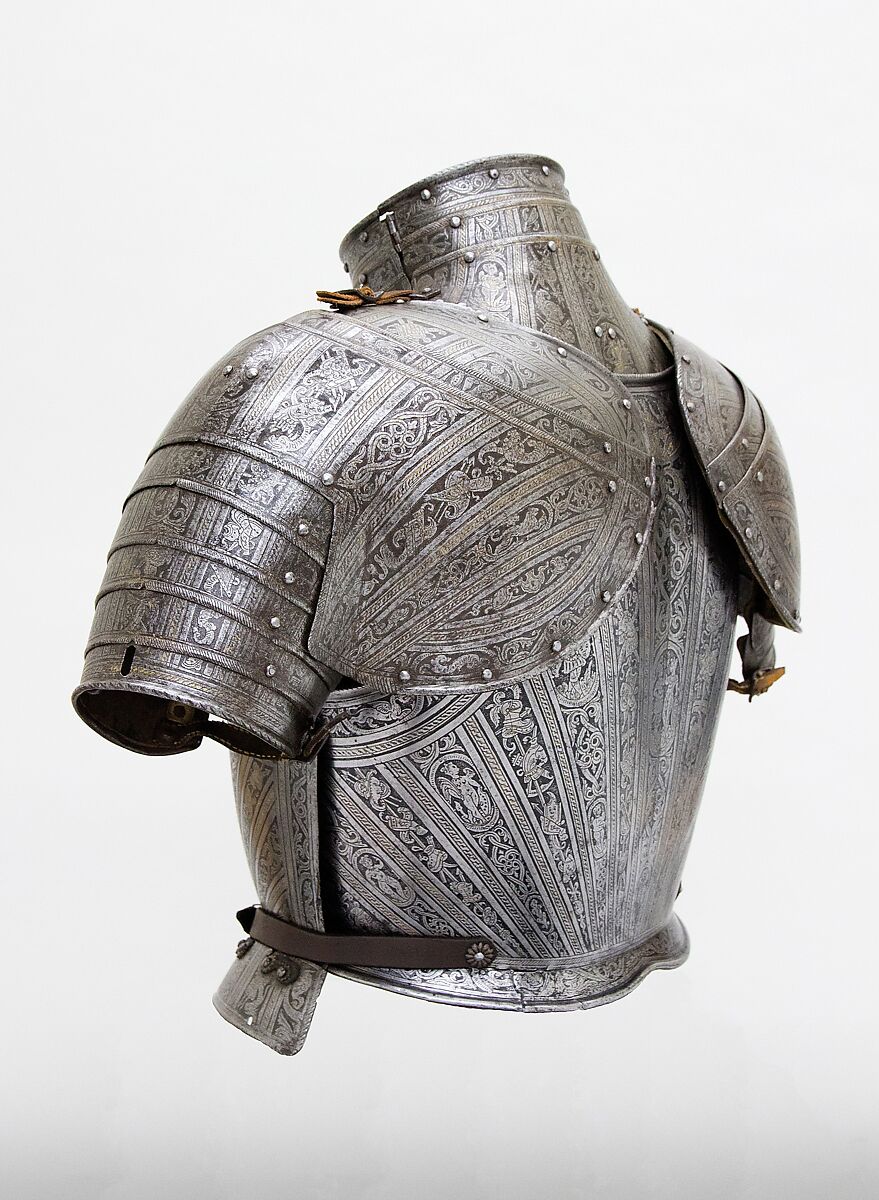 Portions of an Armor for
 Vincenzo Luigi di Capua (d. 1627), Pompeo della Cesa (Italian, Milan, ca. 1537–1610), Steel, gold, leather, copper alloy, Italian, Milan
