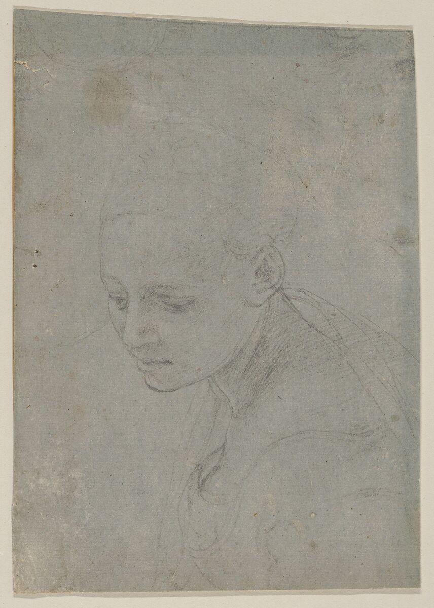 Study of a Young Woman in Three-quarter Bust-Length, Bronzino (Agnolo di Cosimo di Mariano) (Italian, Monticelli 1503–1572 Florence), Black chalk on gray-blue prepared paper 