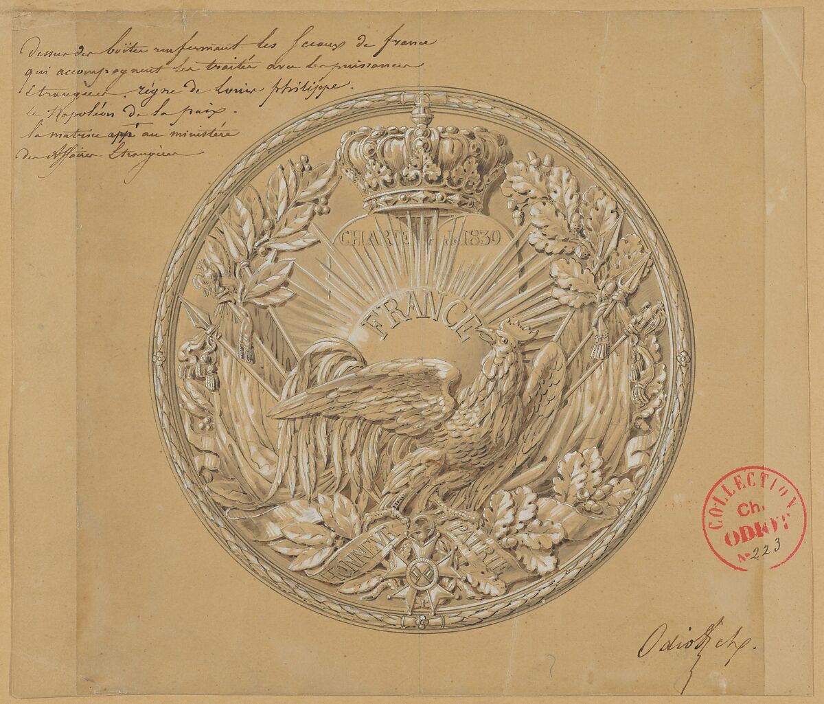 Design for the Medal to Commemorate the Charter of 1830, Charles-Nicolas Odiot, Black chalk with heightening in white gouache 