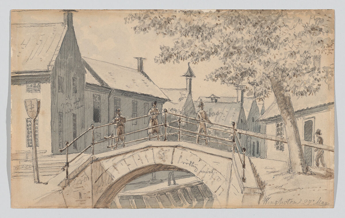 A Bridge over a Canal in Winschoten, Martinus Rørbye (Danish, Drammen 1803–1848 Copenhagen), Graphite, brown and gray wash 