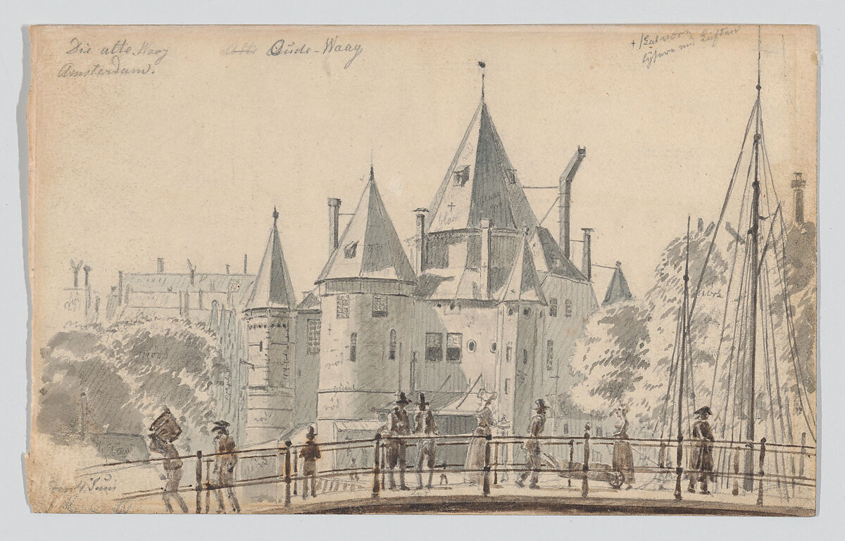 The Oude Waag in Amsterdam Seen from the North-East, Martinus Rørbye (Danish, Drammen 1803–1848 Copenhagen), Graphite, gray, blue-gray and brown wash 