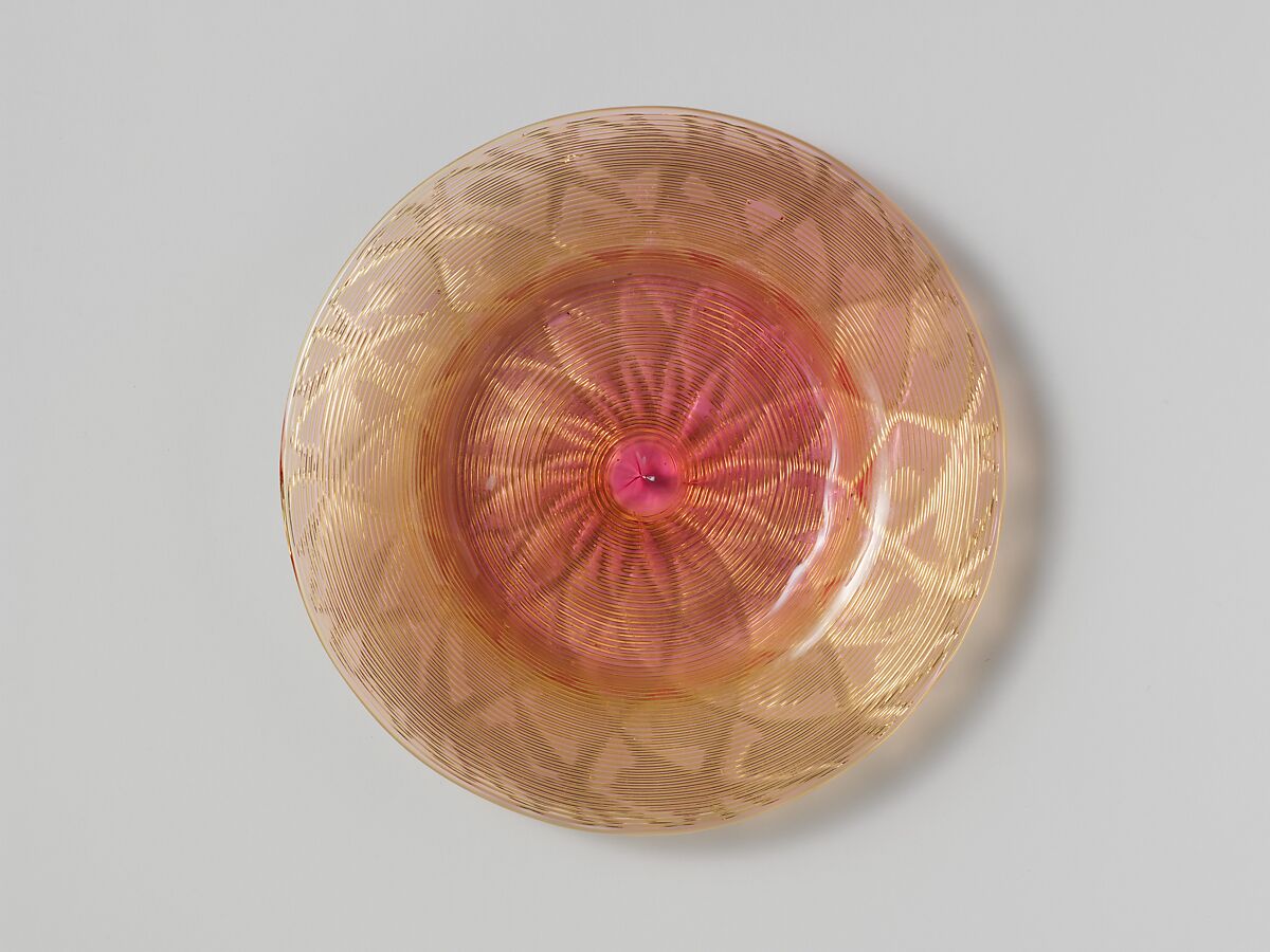 Plate, Possibly Boston &amp; Sandwich Glass Company (American, 1825–1888, Sandwich, Massachusetts), Blown amber glass with applied threaded decoration, American 