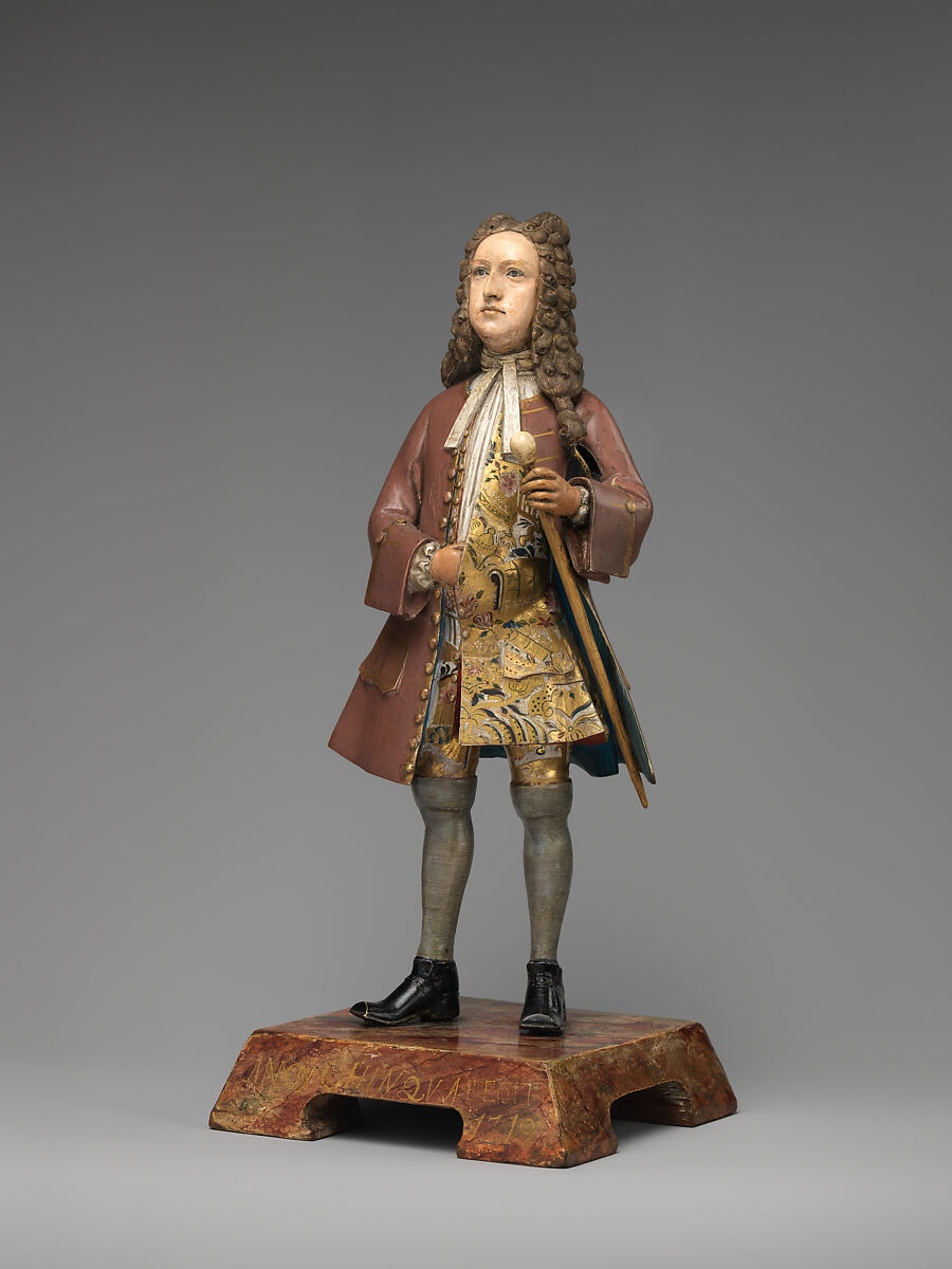 Figure of a European Merchant, Amoy Chinqua, Polychrome unfired clay and wood, Chinese, Canton