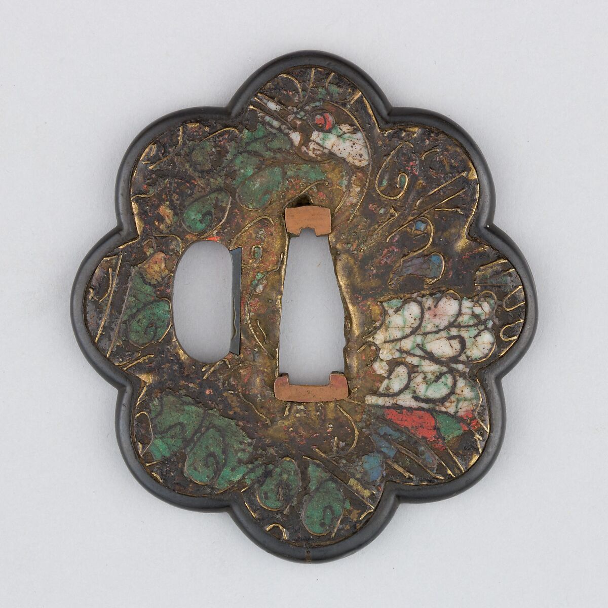 Sword Guard (Tsuba), Copper, enameled cloisonné (shippō), copper-gold alloy (shakudō), Japanese 