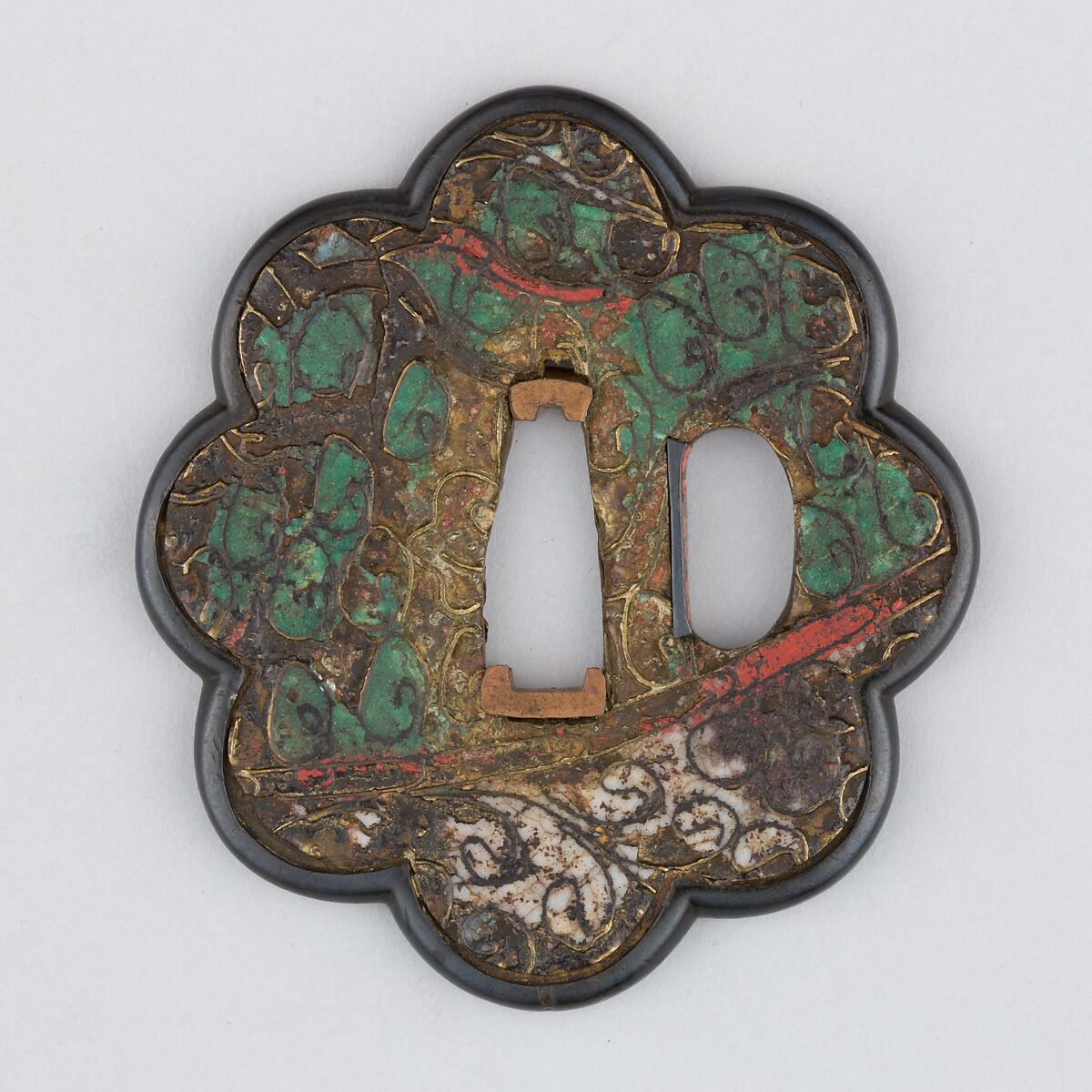 Sword Guard (Tsuba), Copper, enameled cloisonné (shippō), copper-gold alloy (shakudō), Japanese
