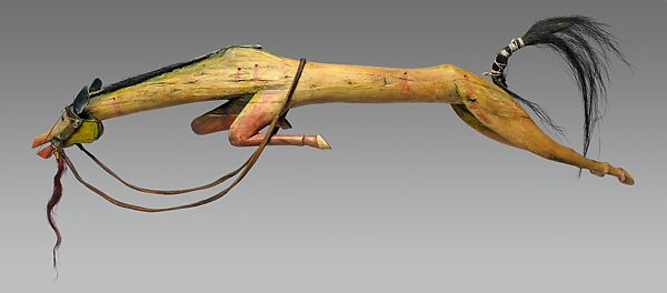 Horse Effigy, He Nupa Wanica/ Joseph No Two Horns (Hunkpapa Lakota/ Teton Sioux, 1852–1942), Wood (possibly cottonwood), pigment, commercial and native-tanned leather, rawhide, horsehair, brass, iron, bird quill, Hunkpapa Lakota (Teton Sioux) 