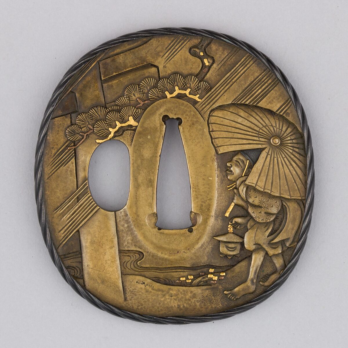 Sword Guard (Tsuba), Brass, copper-gold alloy (shakudō), gold, copper, Japanese 