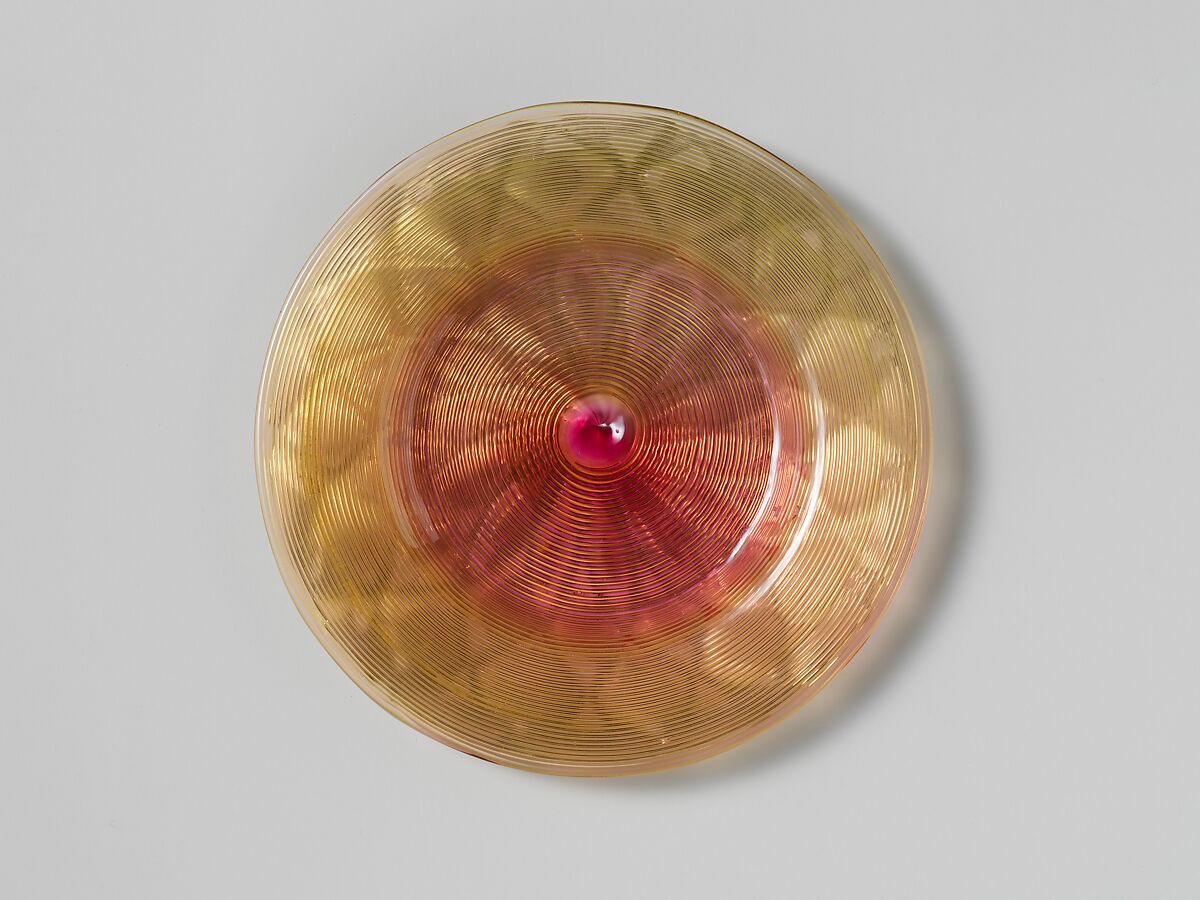 Plate, Possibly Boston &amp; Sandwich Glass Company (American, 1825–1888, Sandwich, Massachusetts), Blown amber glass with applied threaded decoration, American 