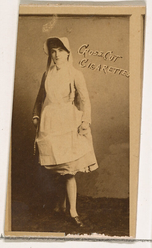 Unknown actress in white cap and apron, from the Actors and Actresses series (N145-1) issued by Duke Sons & Co. to promote Cross Cut Cigarettes, Issued by W. Duke, Sons &amp; Co. (New York and Durham, N.C.), Albumen photograph 