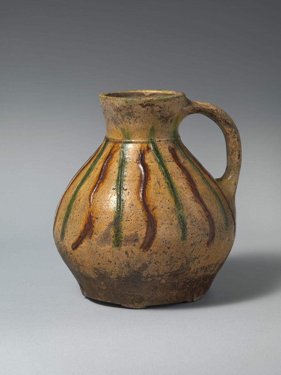 Jug with Applied decoration, Lead glazed earthenware (whiteware) with polychrome decoration, British 