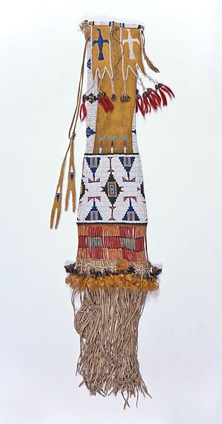 Tobacco Bag, Native-tanned leather, glass beads, cornhusk, pigment, deer hooves, sheep hair, Southern Cheyenne 