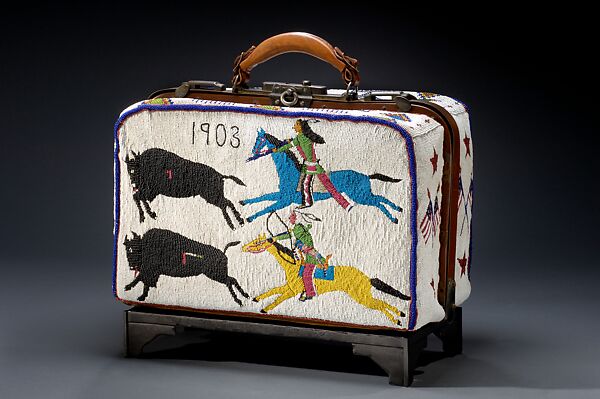 Valise, Nellie Two Bear Gates, Mahpiya Bogawin, Gathering of Clouds Woman (Native American, Lakota (Teton Sioux), Standing Rock Reservation, North or South Dakota, born 1854), Commercial and native-tanned leather, glass beads, metal, Lakota (Teton Sioux) 
