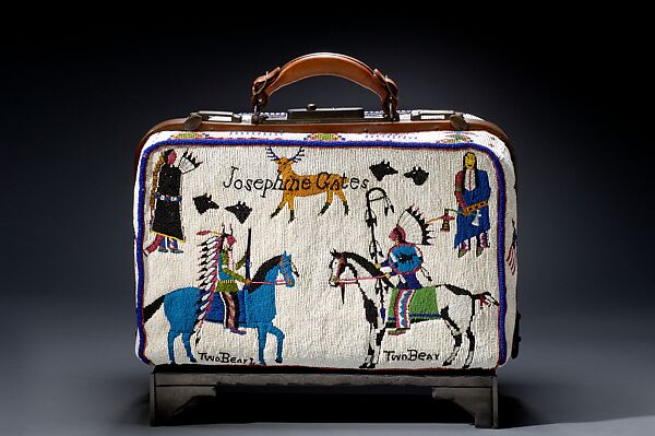 Beaded Valise, Nellie Two Bear Gates, Mahpiya Bogawin, Gathering of Clouds Woman (Native American, Dakota, Standing Rock Reservation, North Dakota, born 1854), Commercial and native-tanned leather, glass beads, metal, Dakota