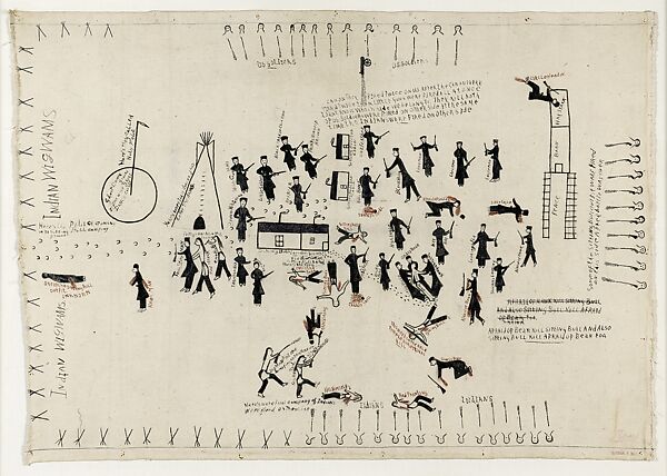 The Arrest and Death of Sitting Bull, Thomas Stone Man, Thunkán Wicˆáša (Native American, Yanktonai, North or South Dakota, active early 20th century), Ink on muslin, Yanktonai 
