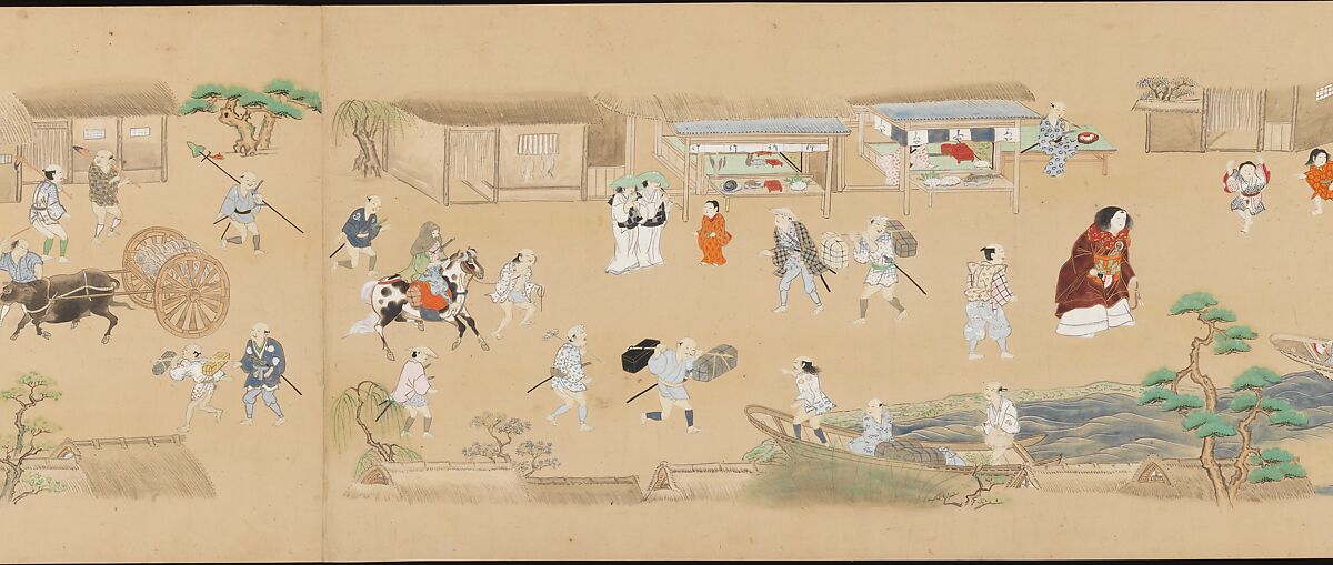 Six Noh Performances in Scenes from Daily Life, Handscroll; ink, color, and gold on paper, Japan
