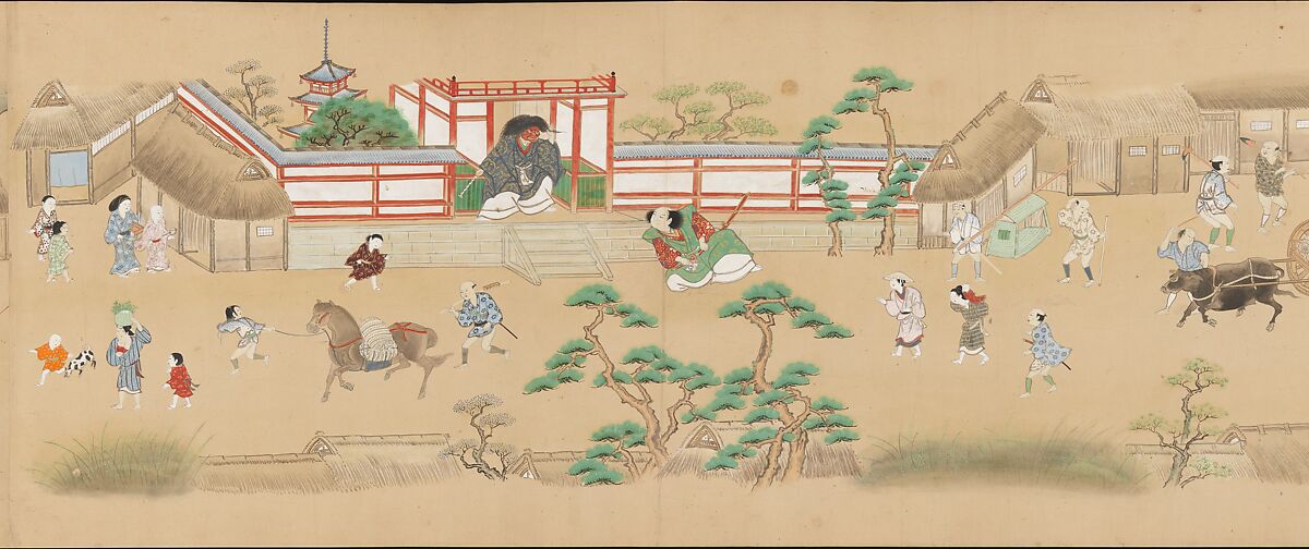 Six Noh Performances in Scenes from Daily Life, Handscroll; ink, color, and gold on paper, Japan