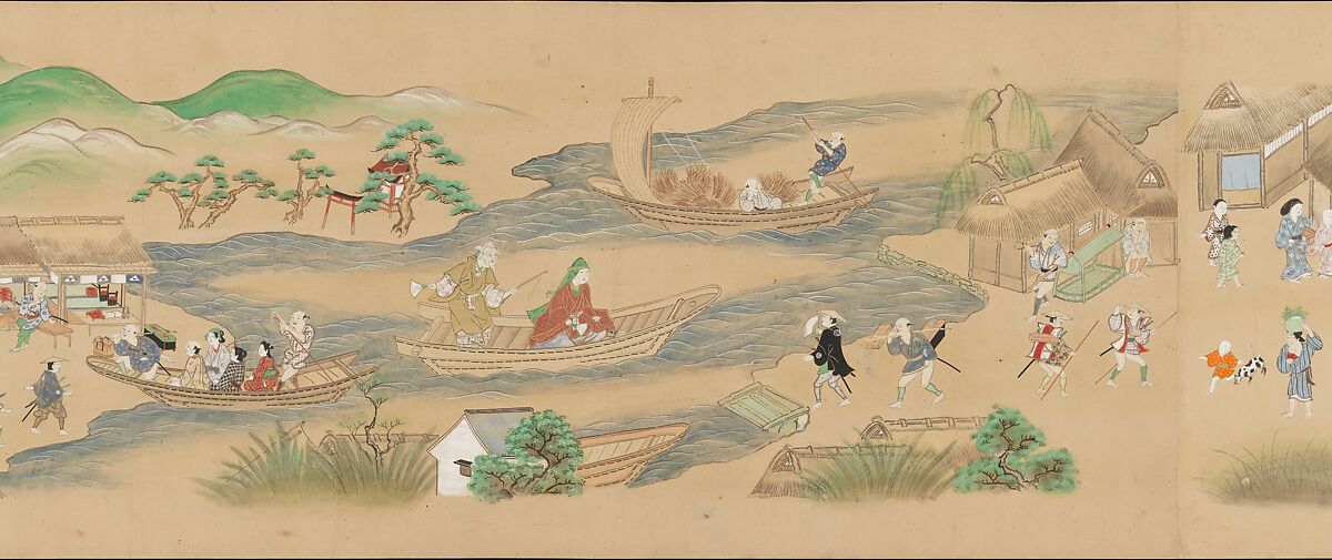 Six Noh Performances in Scenes from Daily Life, Handscroll; ink, color, and gold on paper, Japan