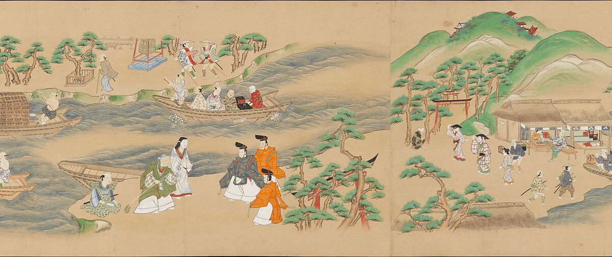 Six Noh Performances in Scenes from Daily Life, Handscroll; ink, color, and gold on paper, Japan