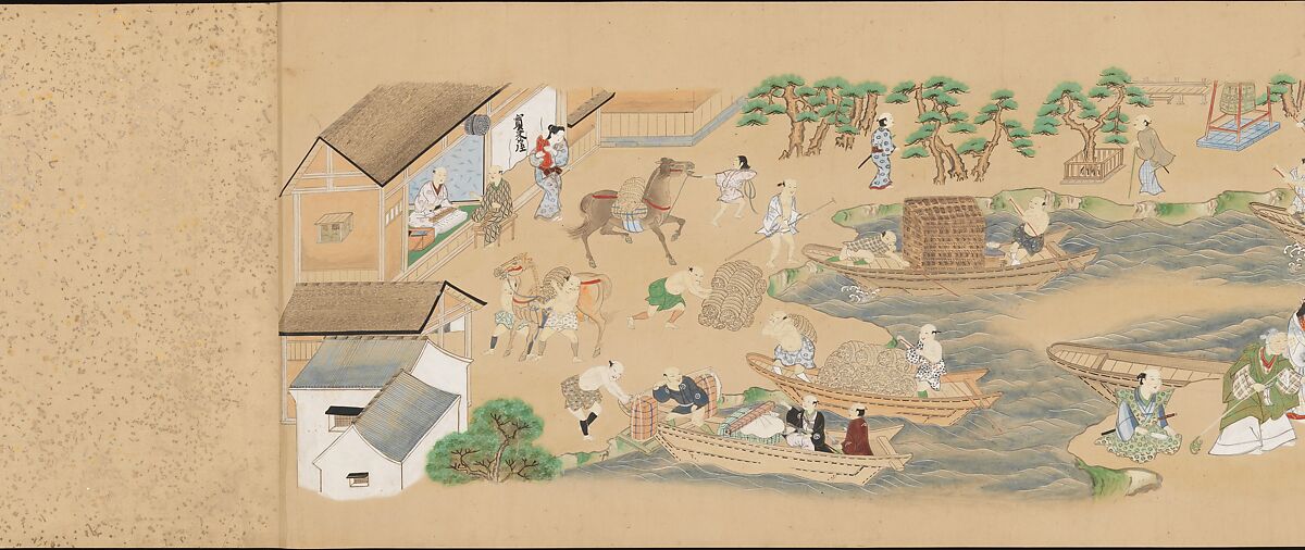 Six Noh Performances in Scenes from Daily Life, Handscroll; ink, color, and gold on paper, Japan