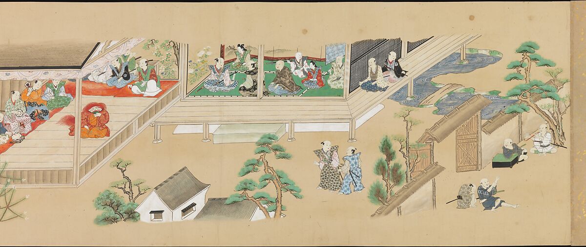 Six Noh Performances in Scenes from Daily Life, Handscroll; ink, color, and gold on paper, Japan