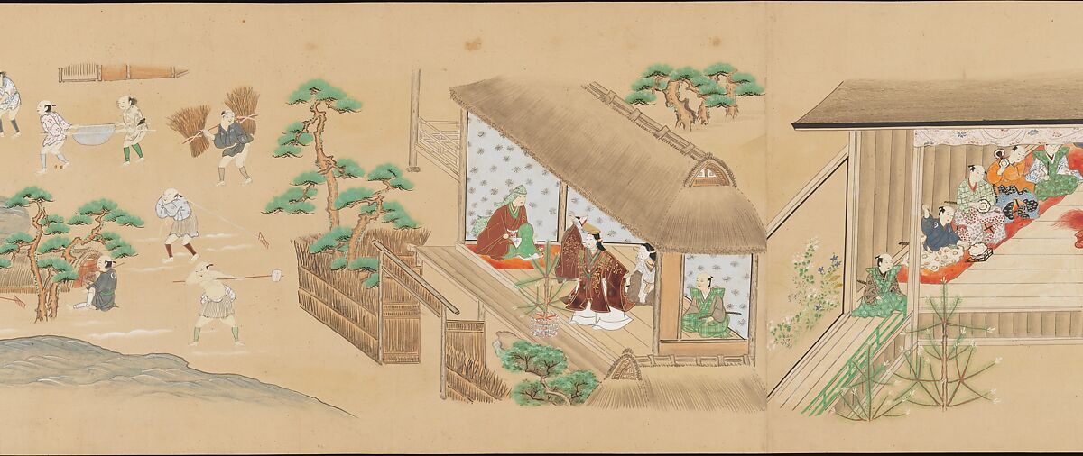 Six Noh Performances in Scenes from Daily Life, Handscroll; ink, color, and gold on paper, Japan
