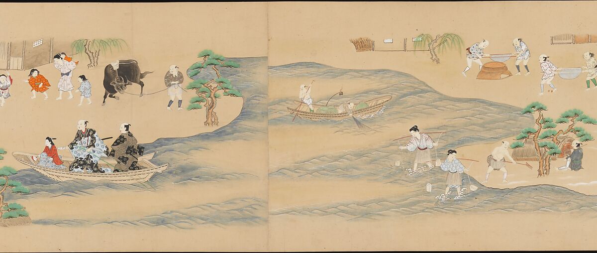 Six Noh Performances in Scenes from Daily Life, Handscroll; ink, color, and gold on paper, Japan