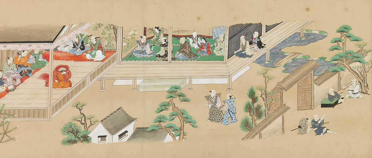 Six Noh Performances in Scenes from Daily Life, Handscroll; ink, color, and gold on paper, Japan