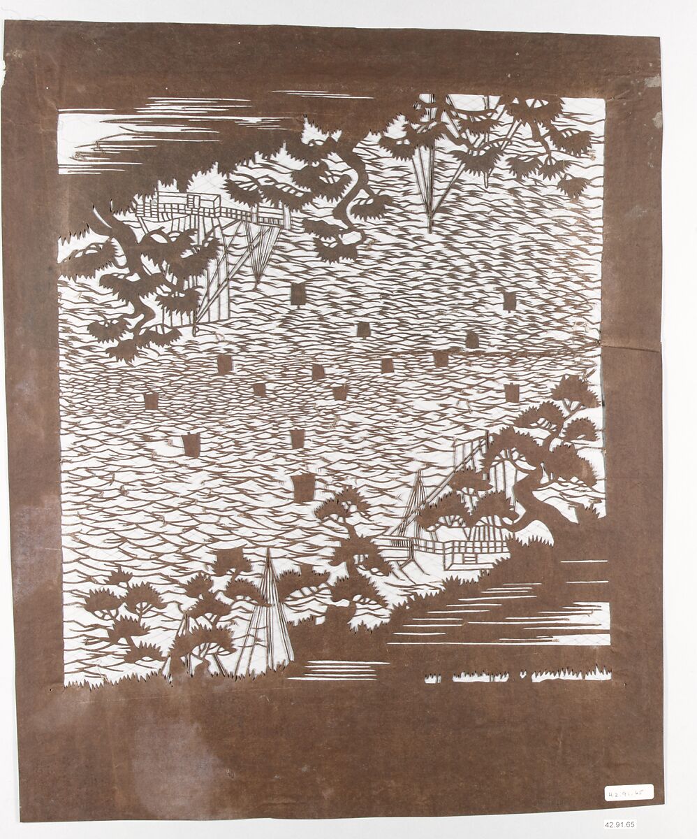Stencil with Pattern of Seascape with Boats and Shore with Pines, Paper, silk, Japan