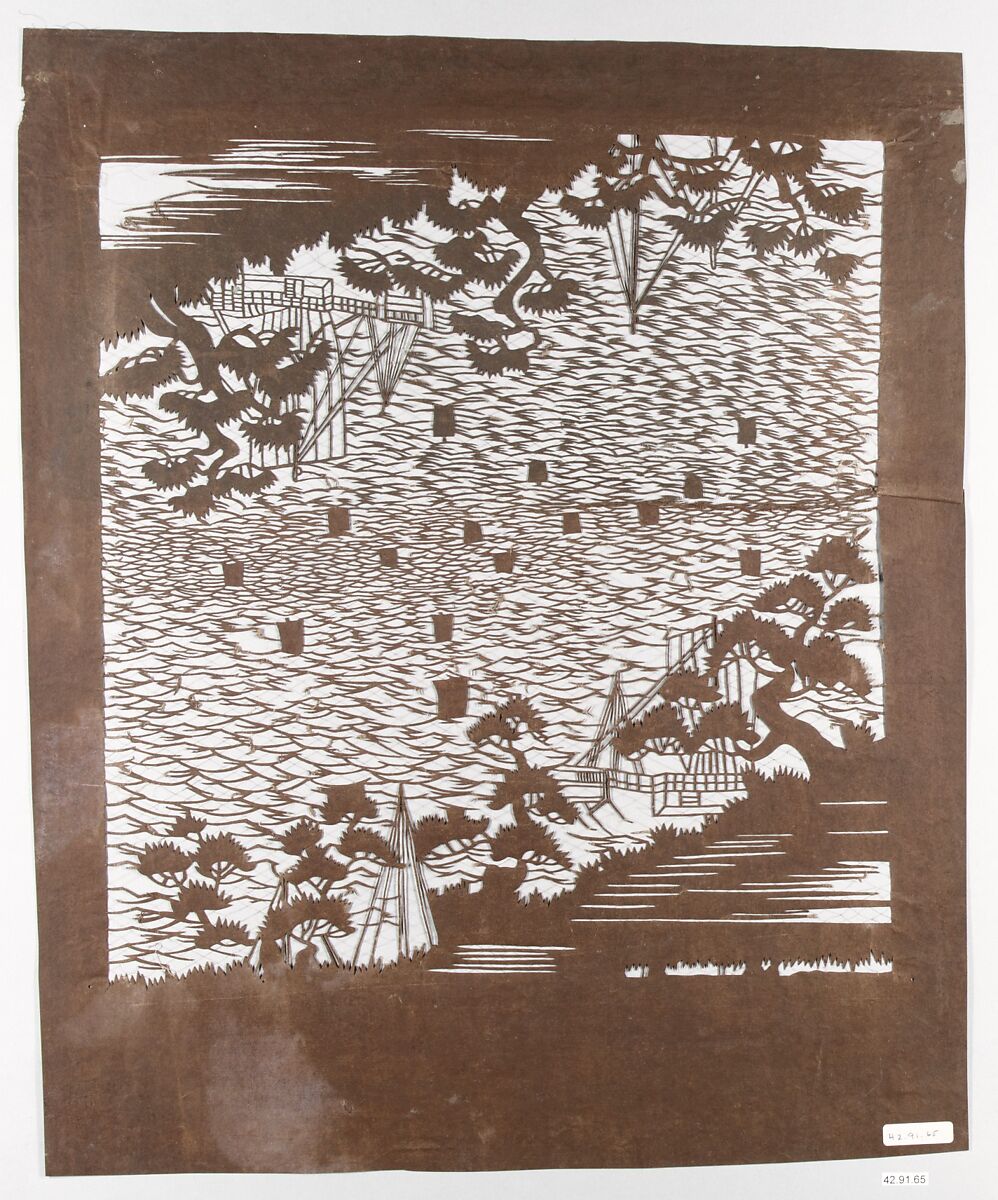 Stencil with Pattern of Seascape with Boats and Shore with Pines, Paper, silk, Japan 