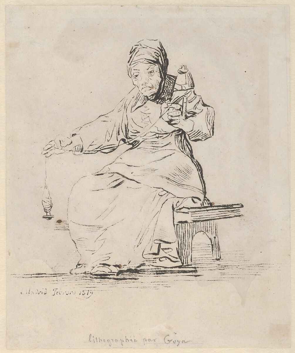 An old woman spinning, spindle in her right hand, distaff in her left, Goya (Francisco de Goya y Lucientes) (Spanish, Fuendetodos 1746–1828 Bordeaux), Pen lithograph 
