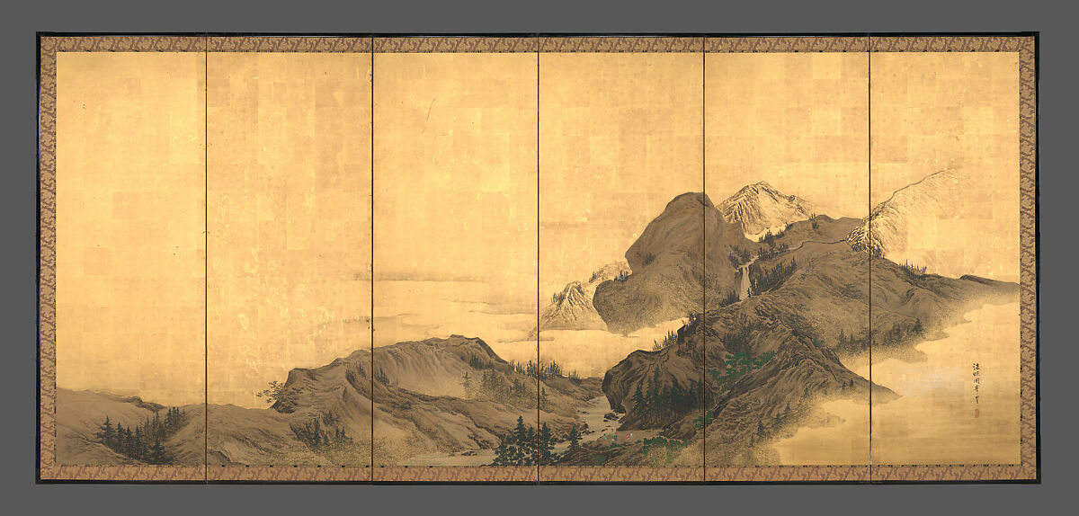 Landscape with Pavilion, Mori Shūhō (Japanese, 1738–1823), Pair of six-panel folding screens; ink, color, gold flecks, and gold leaf on paper, Japan 